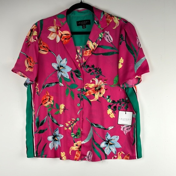 Vibrant Tropical Floral Ladies Shirt by Laundry Sz L NWT pink green yellow blue - Picture 1 of 8